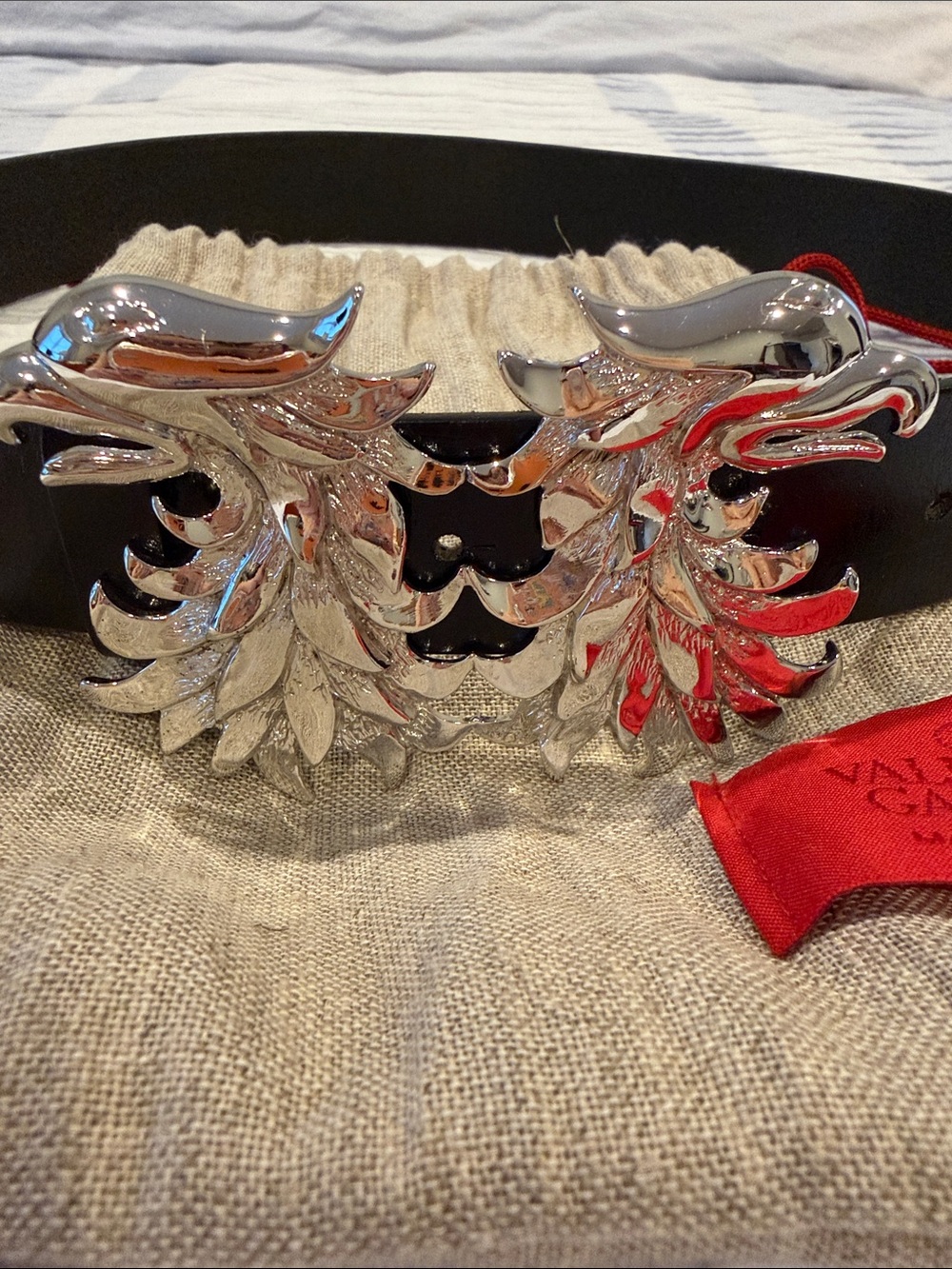 Valentino Garavani Black Leather Belt with Silver Eagle Buckle - Picture 2 of 9